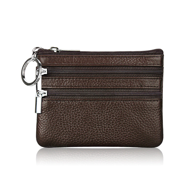 Genuine Leather Coin Purse Mini Wallet with Triple Zipper Pockets Key Ring Holder Pouch for Cash & Cards - Coffee