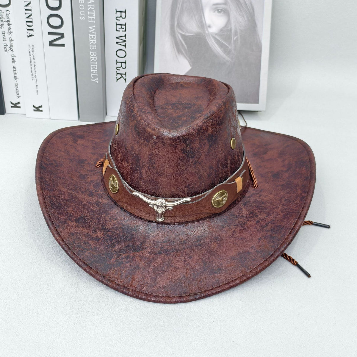 Rustic Western Cowboy Hat - Distressed Faux Leather Look Wide Brim Outback Sun Hat with Bull Head Emblem for Men & Women (Coffee Brown)