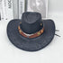 Rustic Western Cowboy Hat - Distressed Faux Leather Look Wide Brim Outback Sun Hat with Bull Head Emblem for Men & Women (Black)