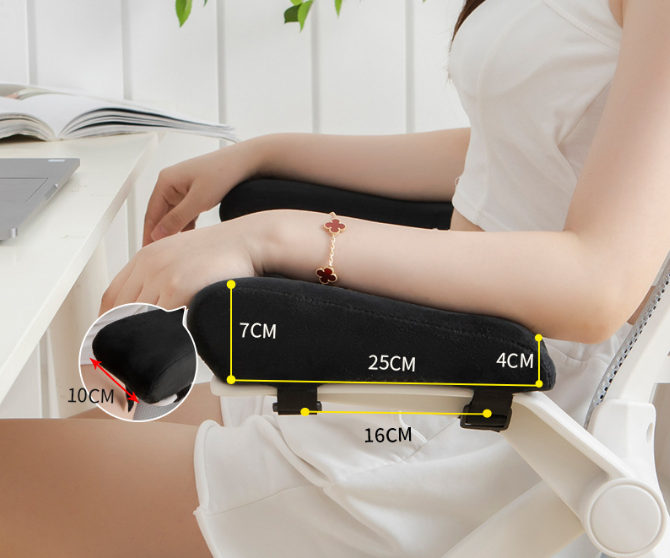 A Pair of Ergonomic Memory Foam Chair Armrest Pads (Curved PLUS) - Plush Velvet Elbow Support Cushions for Office & Gaming Chairs (Black)