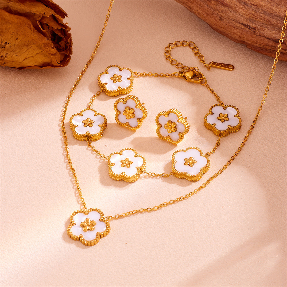 3-Piece Floral Jewellery Set (White Shell Style) - Gold Plated Stainless Steel 5-Petal Flower Necklace, Bracelet & Earrings - Tarnish Free & Hypoallergenic Gift for Women