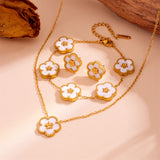 3-Piece Floral Jewellery Set (White Shell Style) - Gold Plated Stainless Steel 5-Petal Flower Necklace, Bracelet & Earrings - Tarnish Free & Hypoallergenic Gift for Women