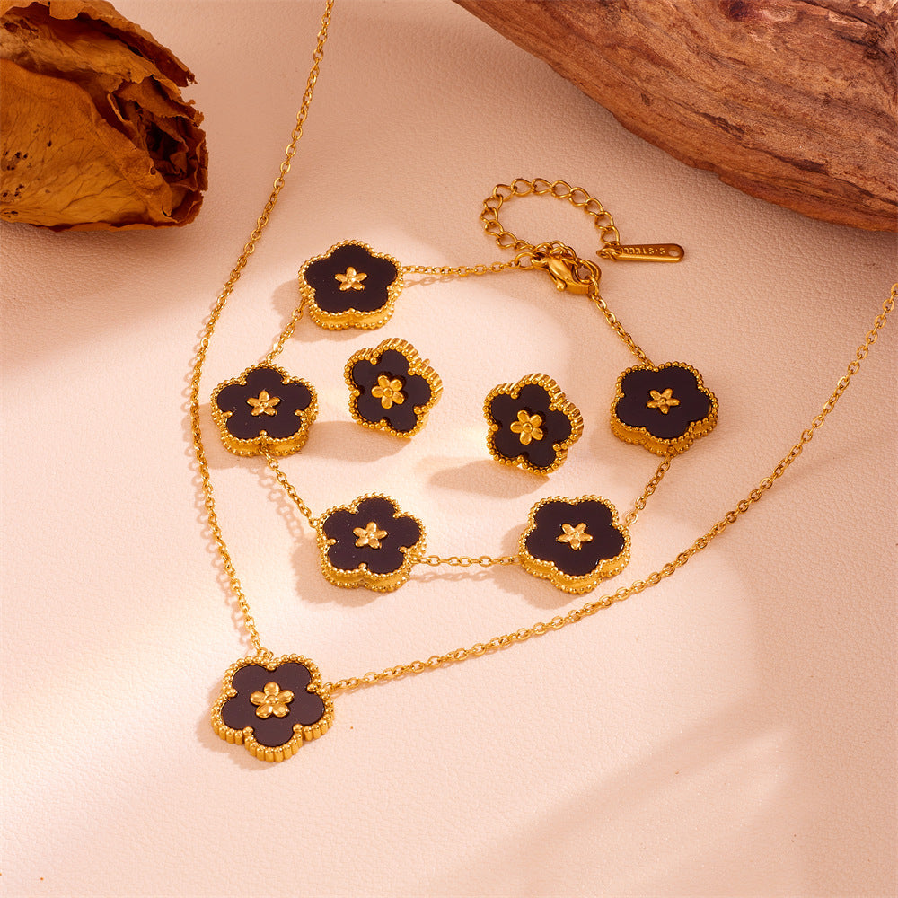 3-Piece Floral Jewellery Set (Black Shell Style) - Gold Plated Stainless Steel 5-Petal Flower Necklace, Bracelet & Earrings - Tarnish Free & Hypoallergenic Gift for Women