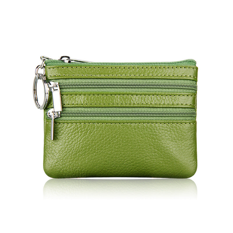 Genuine Leather Coin Purse Mini Wallet with Triple Zipper Pockets Key Ring Holder Pouch for Cash & Cards - Green