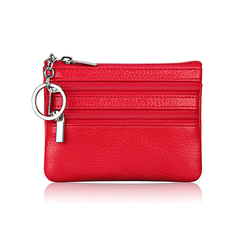 Genuine Leather Coin Purse Mini Wallet with Triple Zipper Pockets Key Ring Holder Pouch for Cash & Cards - Red