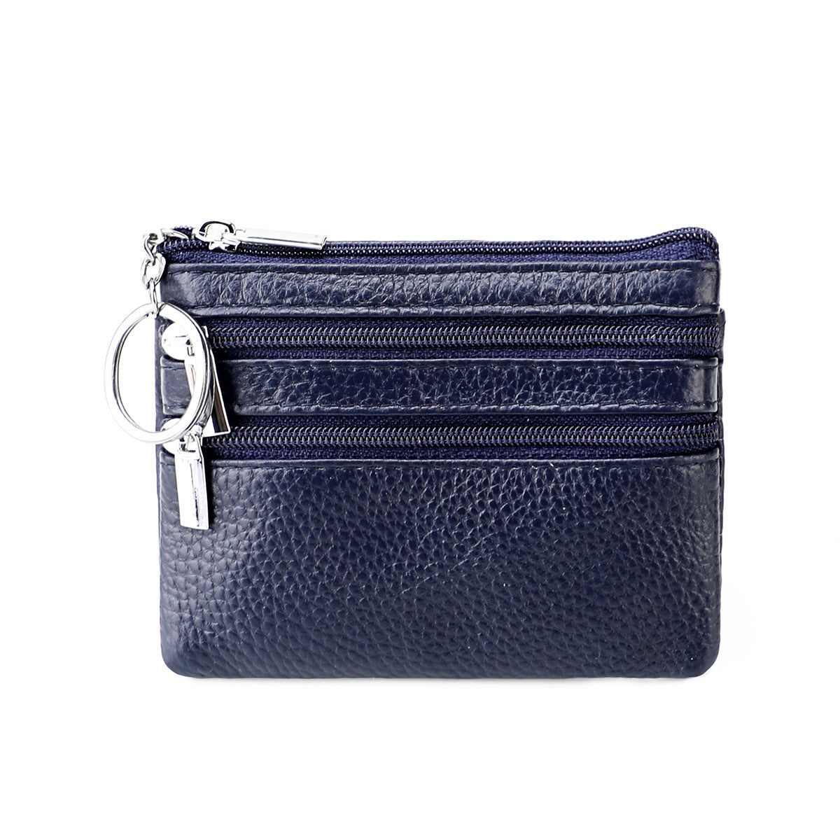 Genuine Leather Coin Purse Mini Wallet with Triple Zipper Pockets Key Ring Holder Pouch for Cash & Cards - Dark Blue