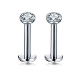 2 PCS Internally Threaded Labret Studs - 16G 8mm Stainless Steel Flat Back with 3mm CZ Crystal - Silver Tone Body Piercing for Lip Tragus Helix