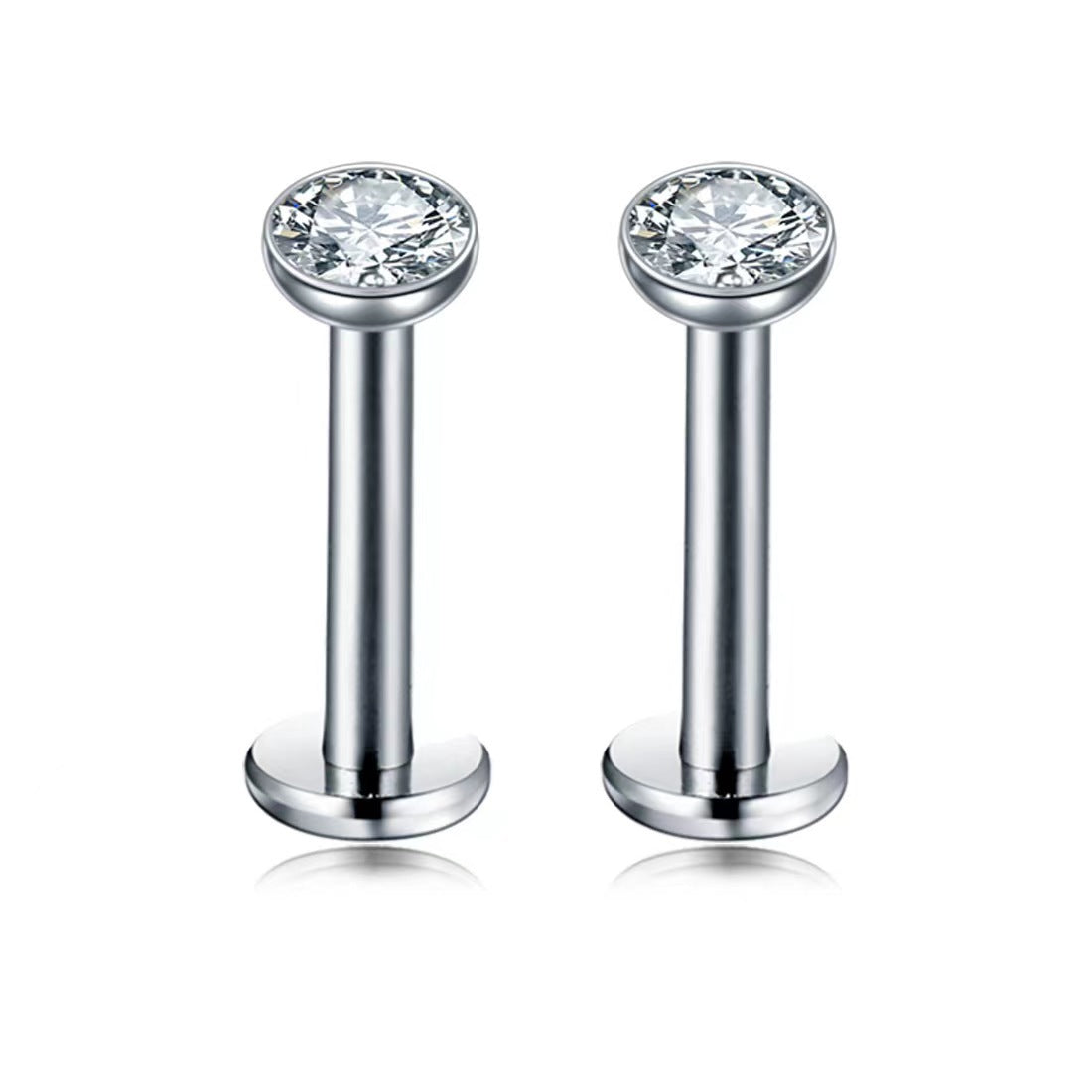 2 PCS Internally Threaded Labret Studs - 16G 8mm Stainless Steel Flat Back with 3mm CZ Crystal - Silver Tone Body Piercing for Lip Tragus Helix