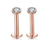 2 PCS Internally Threaded Labret Studs - 16G 8mm Stainless Steel Flat Back with 3mm CZ Crystal - Rose Gold Tone Body Piercing for Lip Tragus Helix