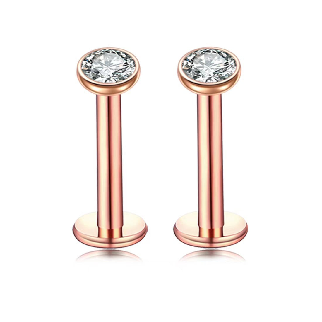 2 PCS Internally Threaded Labret Studs - 16G 8mm Stainless Steel Flat Back with 3mm CZ Crystal - Rose Gold Tone Body Piercing for Lip Tragus Helix