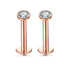 2 PCS Internally Threaded Labret Studs - 16G 8mm Stainless Steel Flat Back with 3mm CZ Crystal - Rose Gold Tone Body Piercing for Lip Tragus Helix