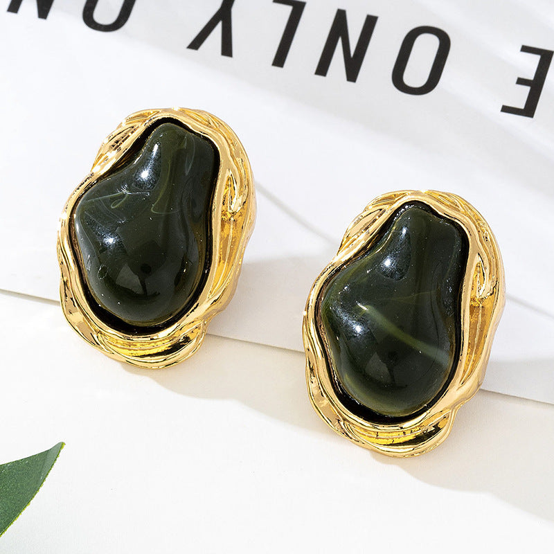 A Pair of Vintage Baroque Statement Earrings - Chunky Gold Tone Irregular Studs with Dark Green Faux Stone - Stainless Steel Pin Fashion Jewellery for Women