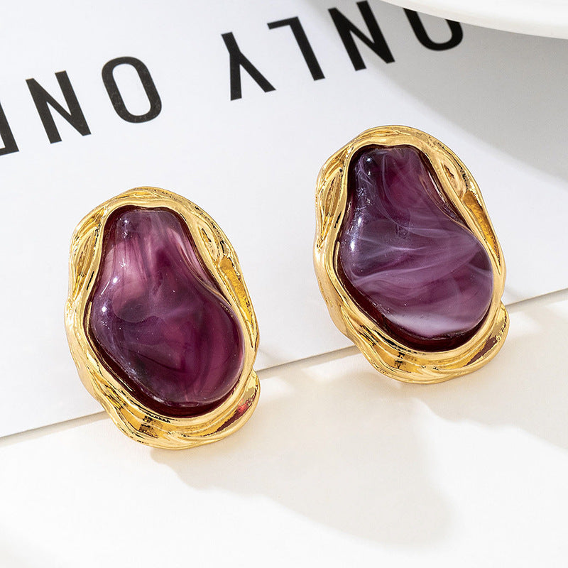A Pair of Vintage Baroque Statement Earrings - Chunky Gold Tone Irregular Studs with Purple Faux Stone - Stainless Steel Pin Fashion Jewellery for Women