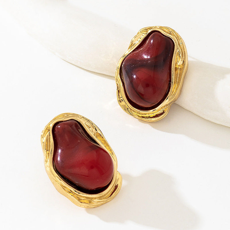 A Pair of Vintage Baroque Statement Earrings - Chunky Gold Tone Irregular Studs with Red Faux Stone - Stainless Steel Pin Fashion Jewellery for Women