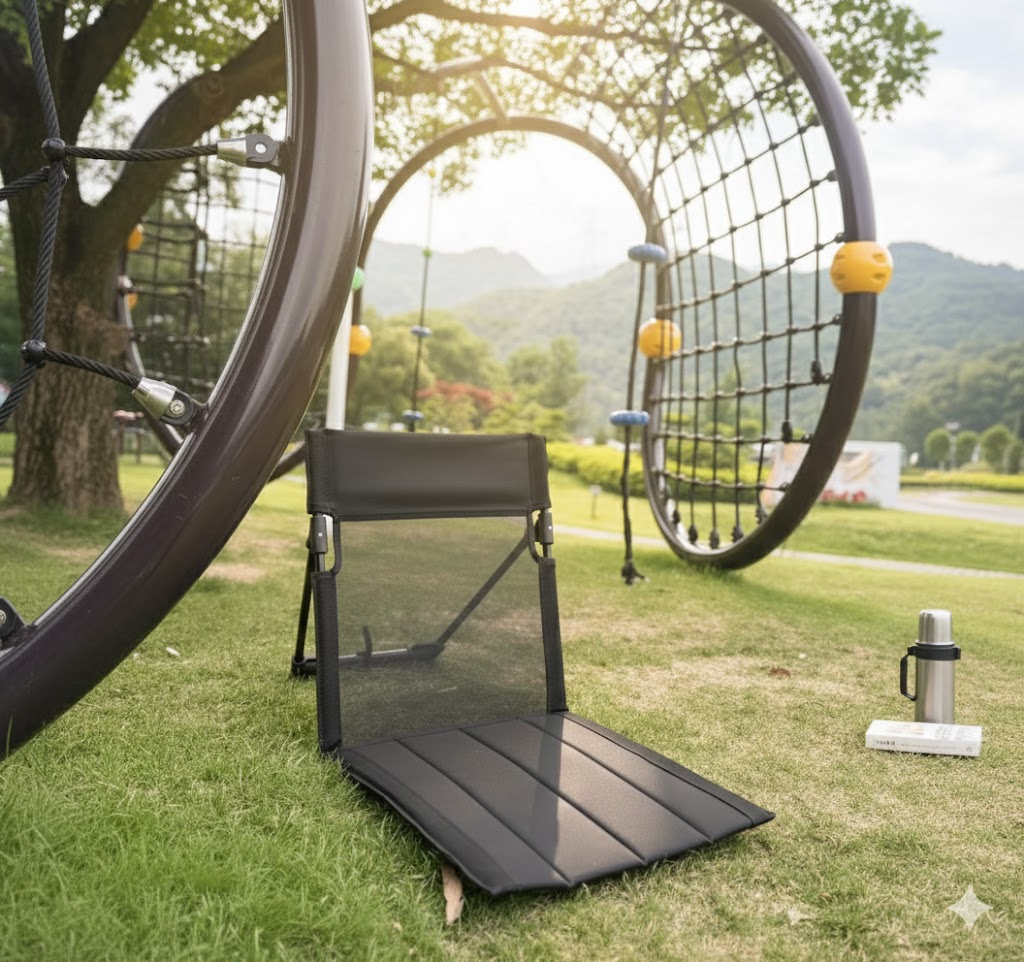 Portable Ground Chair with Back Support - Foldable Outdoor Floor Seat with Sturdy Iron Frame - Black Oxford Fabric for Picnics, Festivals & Camping