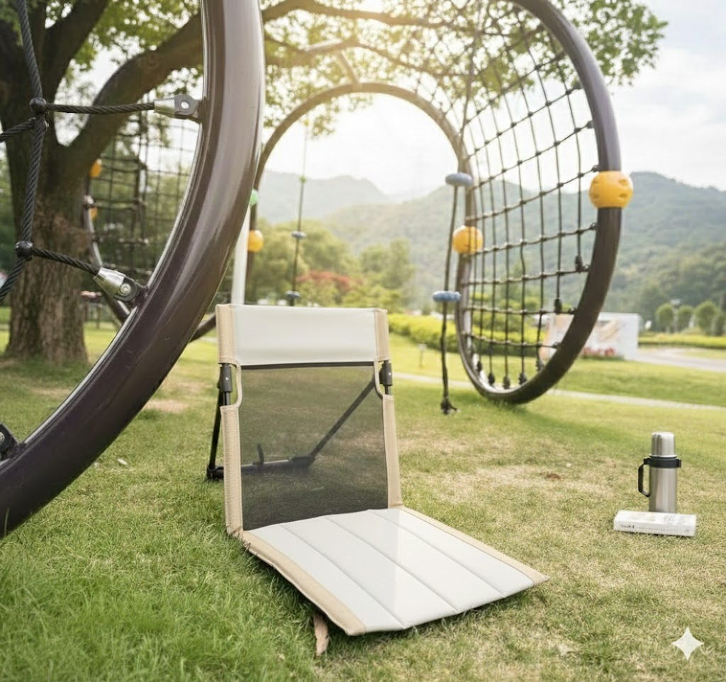 Portable Ground Chair with Back Support - Foldable Outdoor Floor Seat with Sturdy Iron Frame - Beige White Oxford Fabric for Picnics, Festivals & Camping