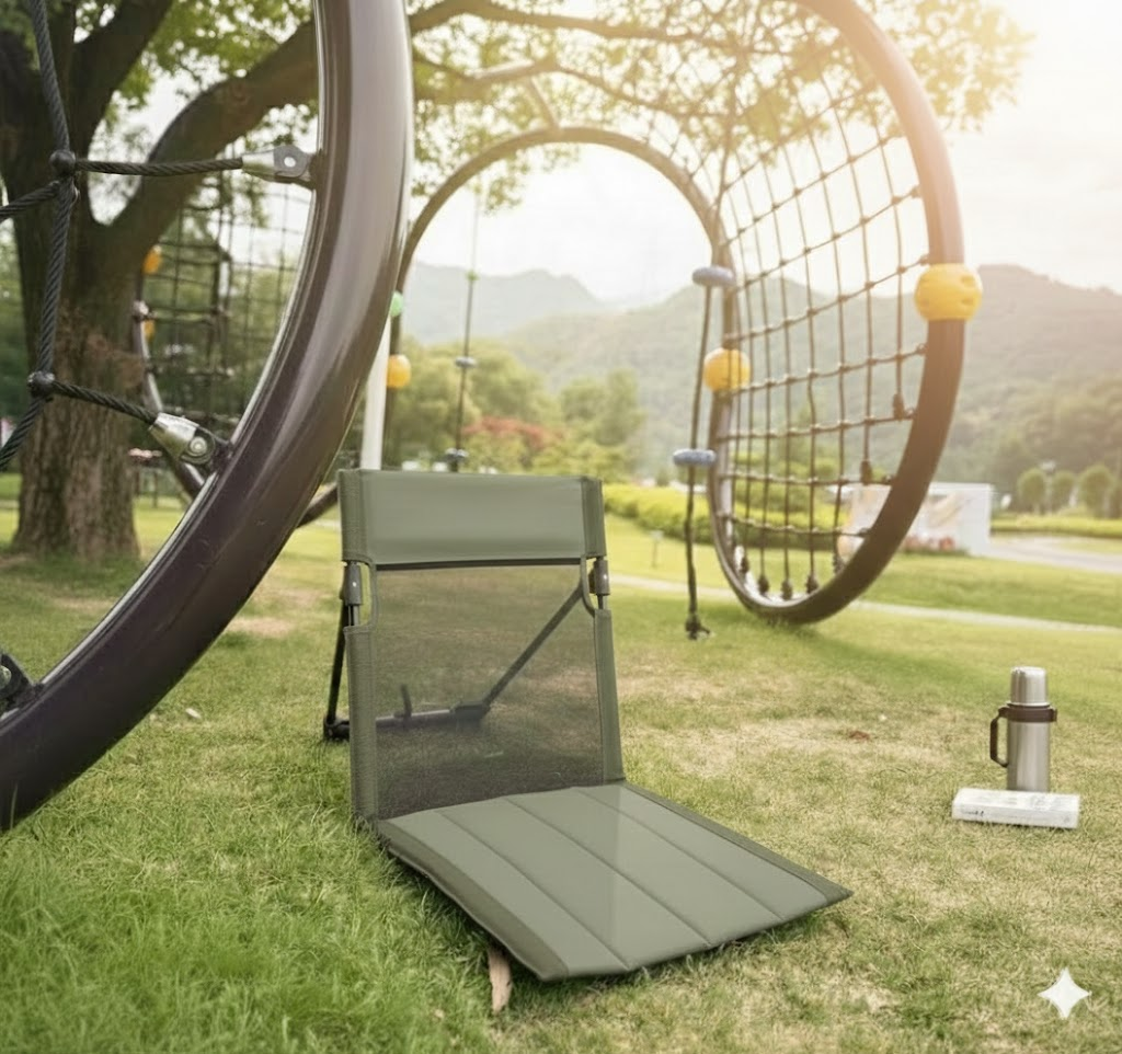 Portable Ground Chair with Back Support - Foldable Outdoor Floor Seat with Sturdy Iron Frame - Dark Green Oxford Fabric for Picnics, Festivals & Camping