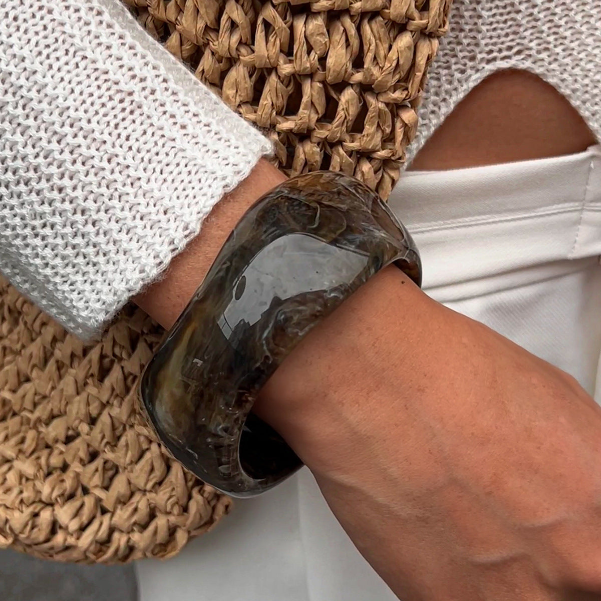 Chunky Resin Bangle Bracelet - Irregular Geometric Square Cuff - Coffee Brown Tortoiseshell Tone Wide Wristwear for Women