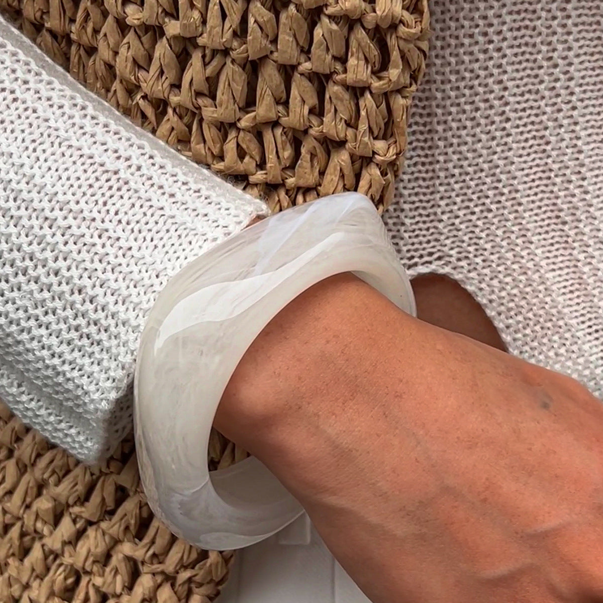 Chunky Resin Bangle Bracelet - Irregular Geometric Square Cuff - White Tortoiseshell Tone Wide Wristwear for Women