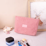 Medium Pink Teddy Fleece Cosmetic Pouch - Soft Sherpa Flat Makeup Bag & Travel Clutch - Multi-purpose Organiser (26cm x 18cm)