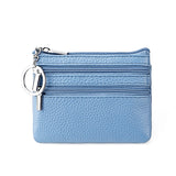 Genuine Leather Coin Purse Mini Wallet with Triple Zipper Pockets Key Ring Holder Pouch for Cash & Cards - Light Blue