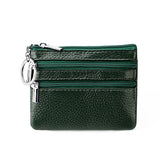 Genuine Leather Coin Purse Mini Wallet with Triple Zipper Pockets Key Ring Holder Pouch for Cash & Cards - Dark Green