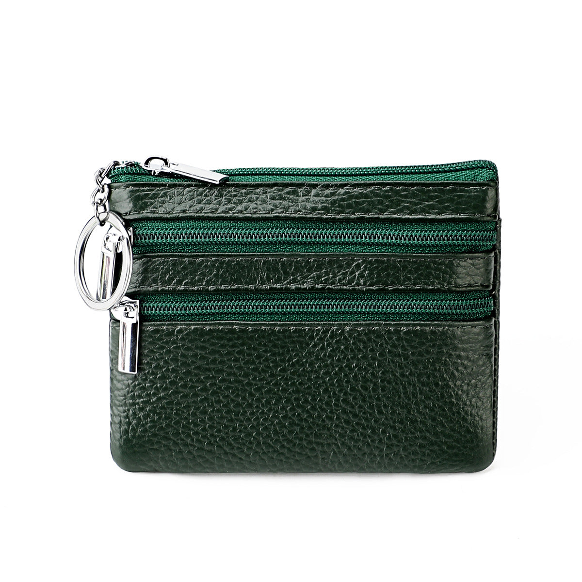 Genuine Leather Coin Purse Mini Wallet with Triple Zipper Pockets Key Ring Holder Pouch for Cash & Cards - Dark Green