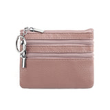 Genuine Leather Coin Purse Mini Wallet with Triple Zipper Pockets Key Ring Holder Pouch for Cash & Cards - Peanut Butter Pink