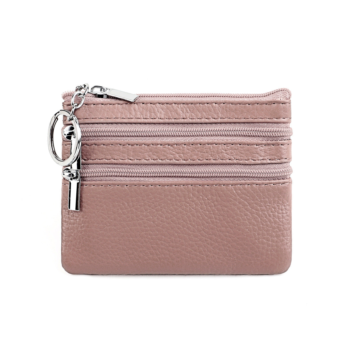 Genuine Leather Coin Purse Mini Wallet with Triple Zipper Pockets Key Ring Holder Pouch for Cash & Cards - Peanut Butter Pink