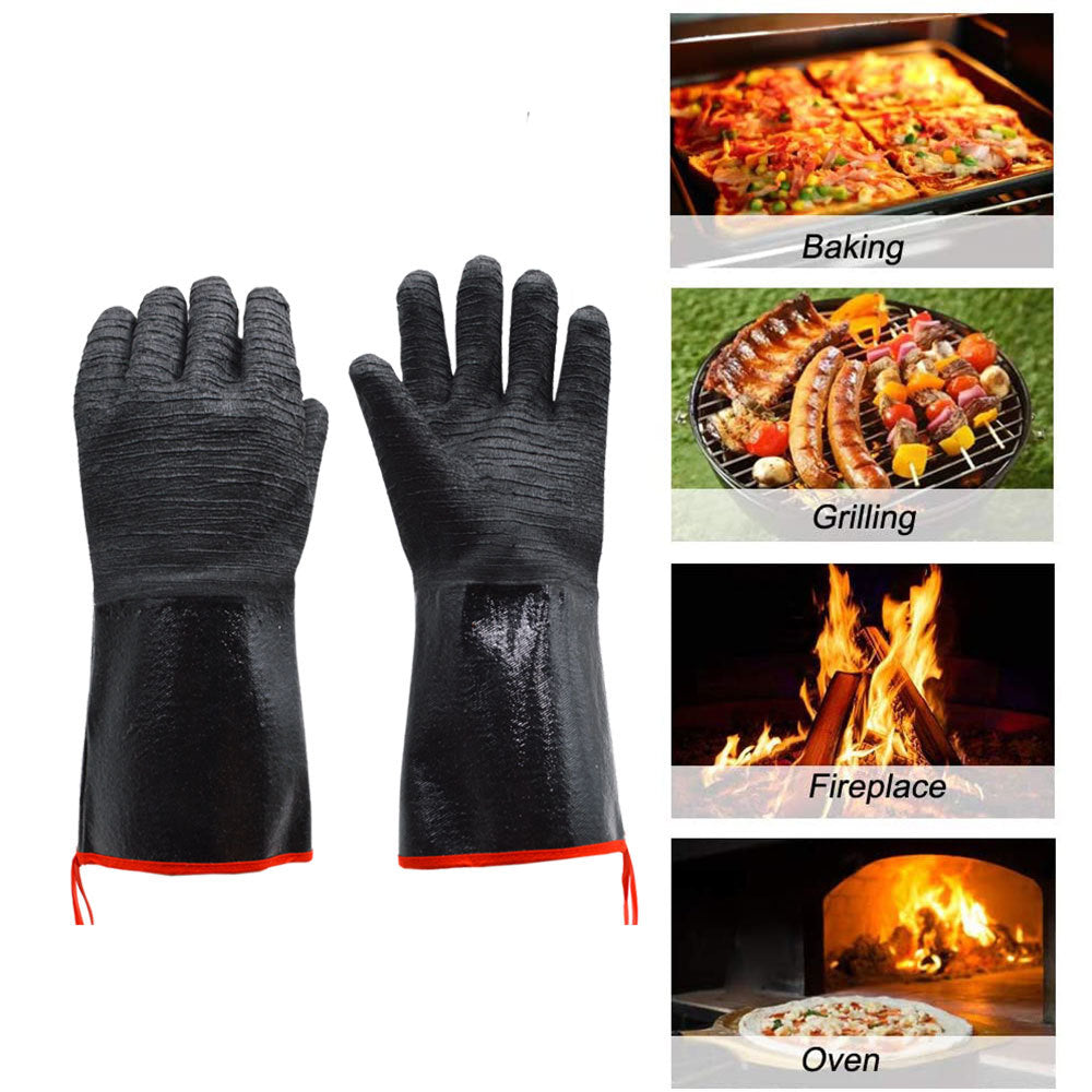 16 Inch Neoprene Heat Resistant BBQ Gloves - Waterproof & Oil Proof Long Sleeve Mitts - Extreme Heat Protection for Grilling, Boiling Water & Industrial Use (Black)