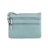 Genuine Leather Coin Purse Mini Wallet with Triple Zipper Pockets Key Ring Holder Pouch for Cash & Cards - Sky Blue