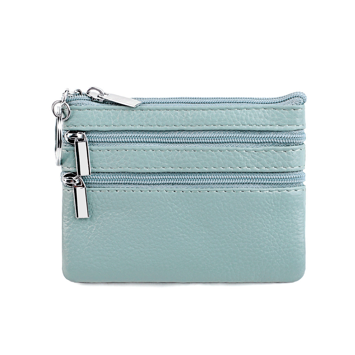 Genuine Leather Coin Purse Mini Wallet with Triple Zipper Pockets Key Ring Holder Pouch for Cash & Cards - Sky Blue