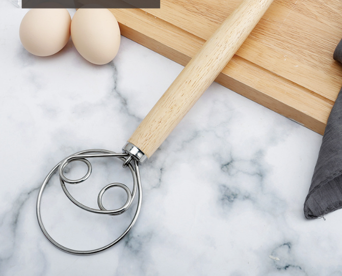Double Loop Danish Dough Whisk with Long Oak Handle - 13 Inch Stainless Steel Bread Mixer Tool for Sourdough & Heavy Batter - Hand Held Flour Blender (Two Eye Design)