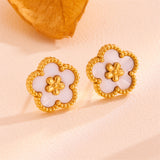 White Shell Five-Petal Flower Stud Earrings - 18K Gold Plated Stainless Steel Floral Jewellery for Women - Hypoallergenic & Tarnish Resistant (13mm)
