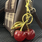 Luxury Sparkly Red Cherry Bag Charm Keychain - Gold Tone Metal Fruit Keyring with Glitter Finish - Cute Purse Accessory for Handbags & Car Keys (11.5cm)