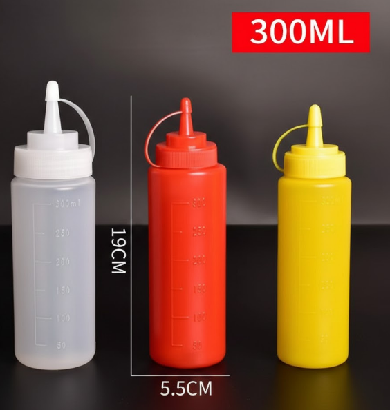 3 PCS Squeeze Sauce Bottles 300ml Plastic Condiment Dispensers for Kitchen BBQ & Cafe Refillable Ketchup Mustard Containers White&Red&Yellow