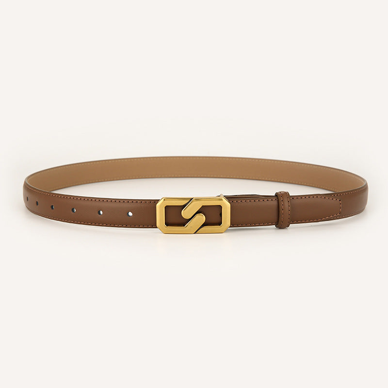 Womens Genuine Leather Belt Caramel 2.3cm Wide Gold Buckle Waist Strap for Jeans & Dresses Elegant Fashion Accessory