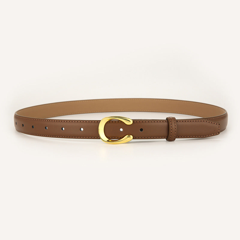 Womens Genuine Leather Belt Caramel C-Shape Gold Buckle Waist Strap for Jeans & Dresses Classic Fashion Accessory
