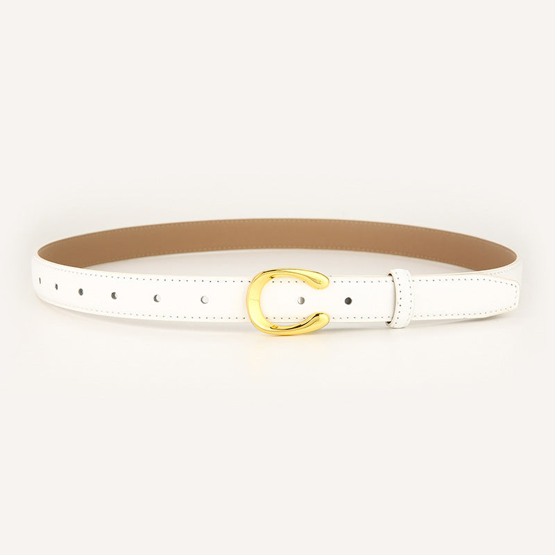 Womens Genuine Leather Belt White C-Shape Gold Buckle Waist Strap for Jeans & Dresses Classic Fashion Accessory