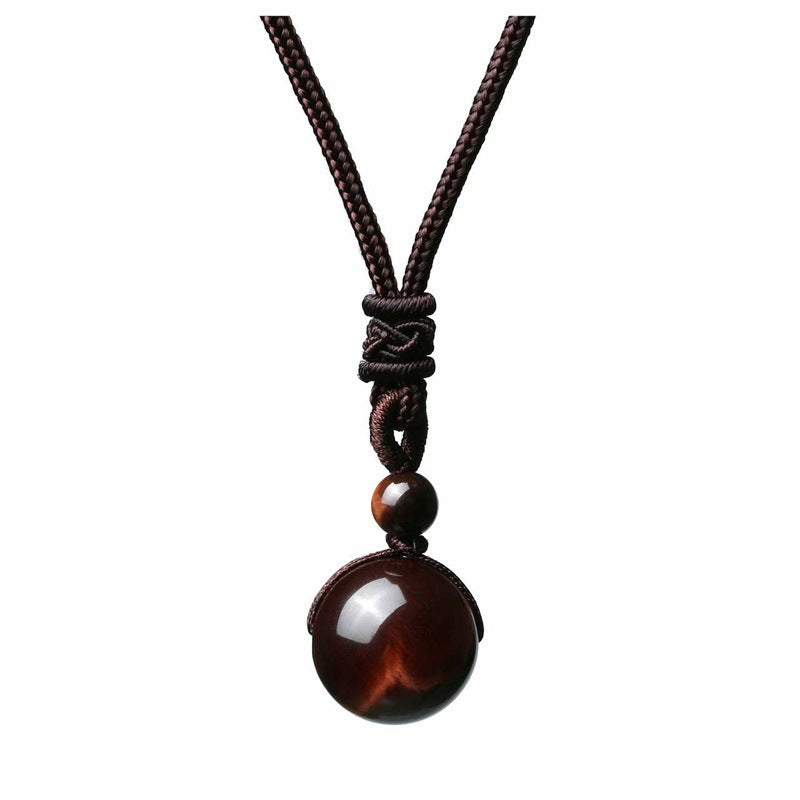 Natural Red Tiger Eye Necklace 12mm Round Stone Pendant Hand Braided Rope Lucky Protection Amulet Jewellery Gift for Men & Women