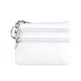 Genuine Leather Coin Purse Mini Wallet with Triple Zipper Pockets Key Ring Holder Pouch for Cash & Cards - White