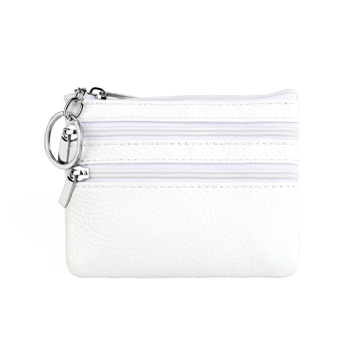 Genuine Leather Coin Purse Mini Wallet with Triple Zipper Pockets Key Ring Holder Pouch for Cash & Cards - White