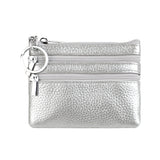 Genuine Leather Coin Purse Mini Wallet with Triple Zipper Pockets Key Ring Holder Pouch for Cash & Cards - Silver