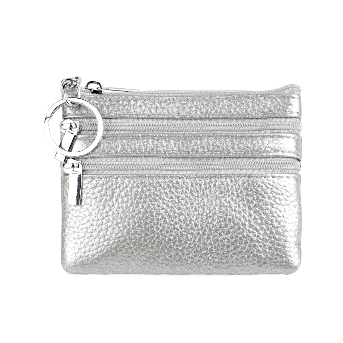 Genuine Leather Coin Purse Mini Wallet with Triple Zipper Pockets Key Ring Holder Pouch for Cash & Cards - Silver