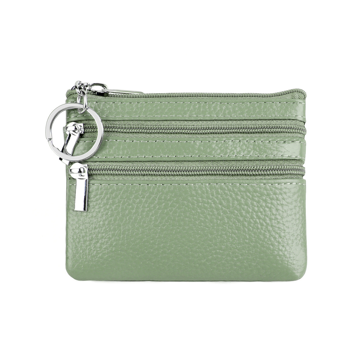 Genuine Leather Coin Purse Mini Wallet with Triple Zipper Pockets Key Ring Holder Pouch for Cash & Cards - Light Green
