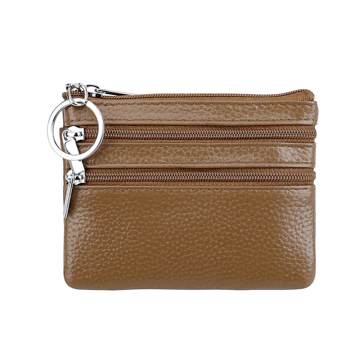 Genuine Leather Coin Purse Mini Wallet with Triple Zipper Pockets Key Ring Holder Pouch for Cash & Cards - Khaki