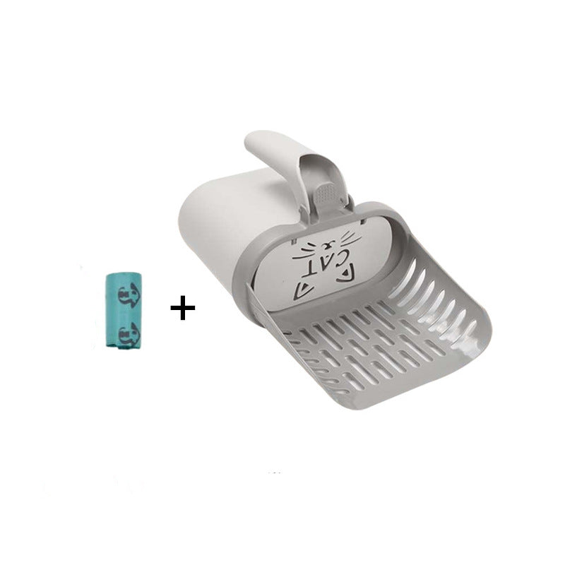 2-in-1 Cat Litter Scoop with Integrated Waste Bin & 1 Roll Refill Bags Detachable Sifter Shovel Anti-Reflux Baffle Grey