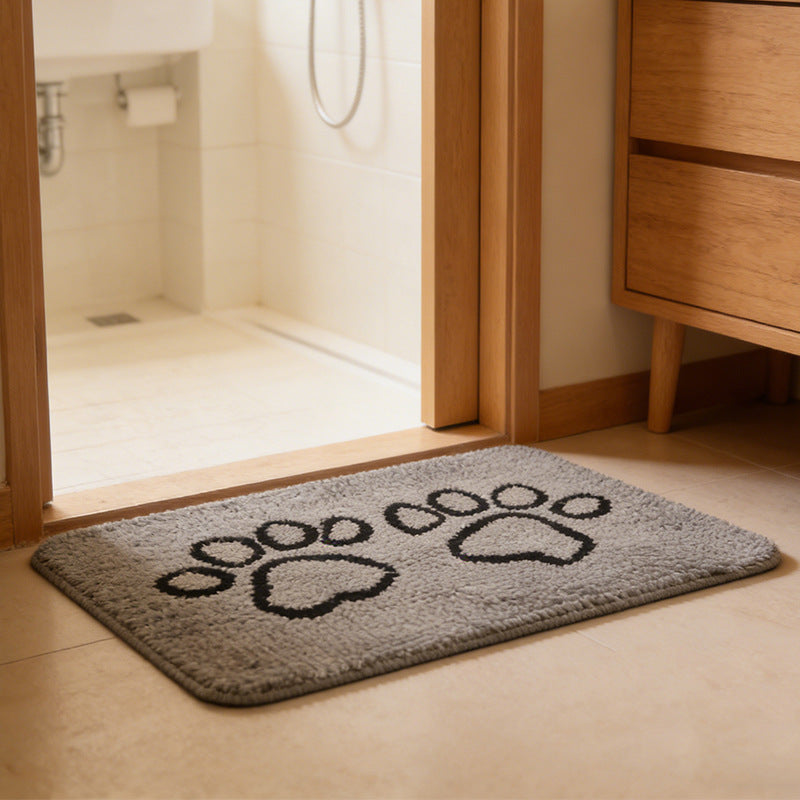 Grey Chenille Pet Mat Non-Slip Absorbent Dog & Cat Rug 40x60cm Cute Paw Print Design for Feeding Sleeping or Entryway