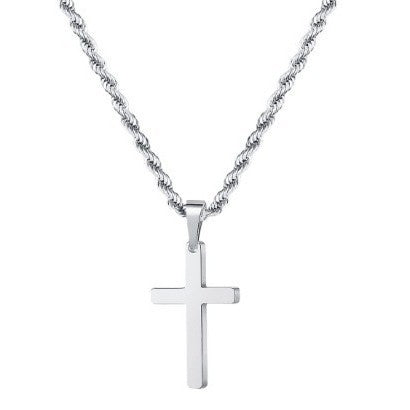 Silver Tone Cross Pendant Necklace Twisted Rope Chain 45cm Unisex Fashion Jewellery Gift for Men & Women