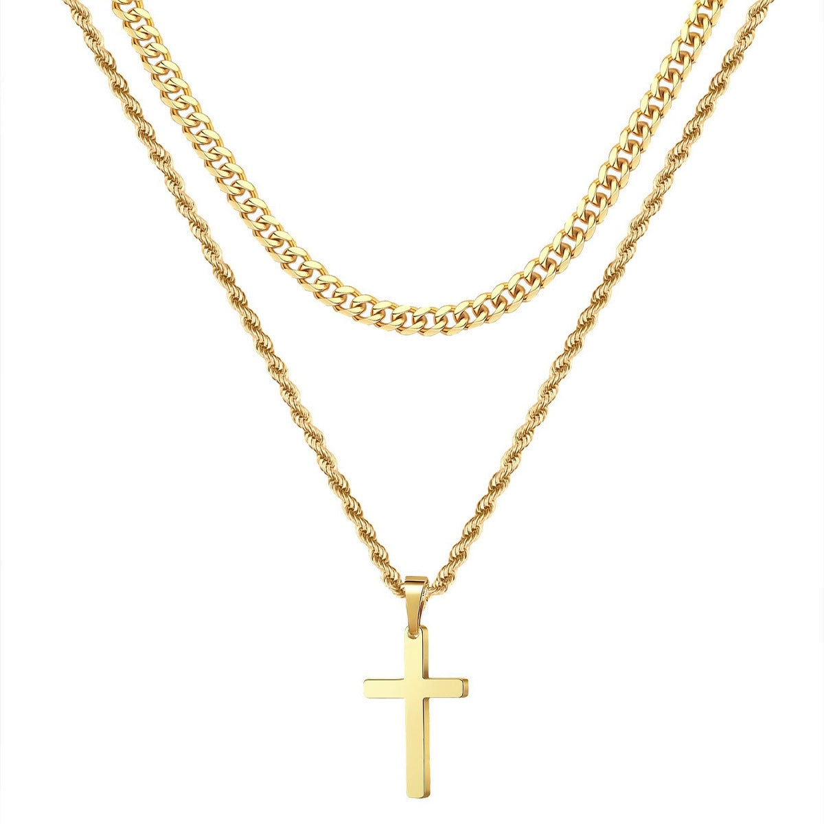 Double Layer Gold Tone Cross Pendant Necklace Set Cuban Link & Rope Chain 40-45cm Layered Fashion Jewellery